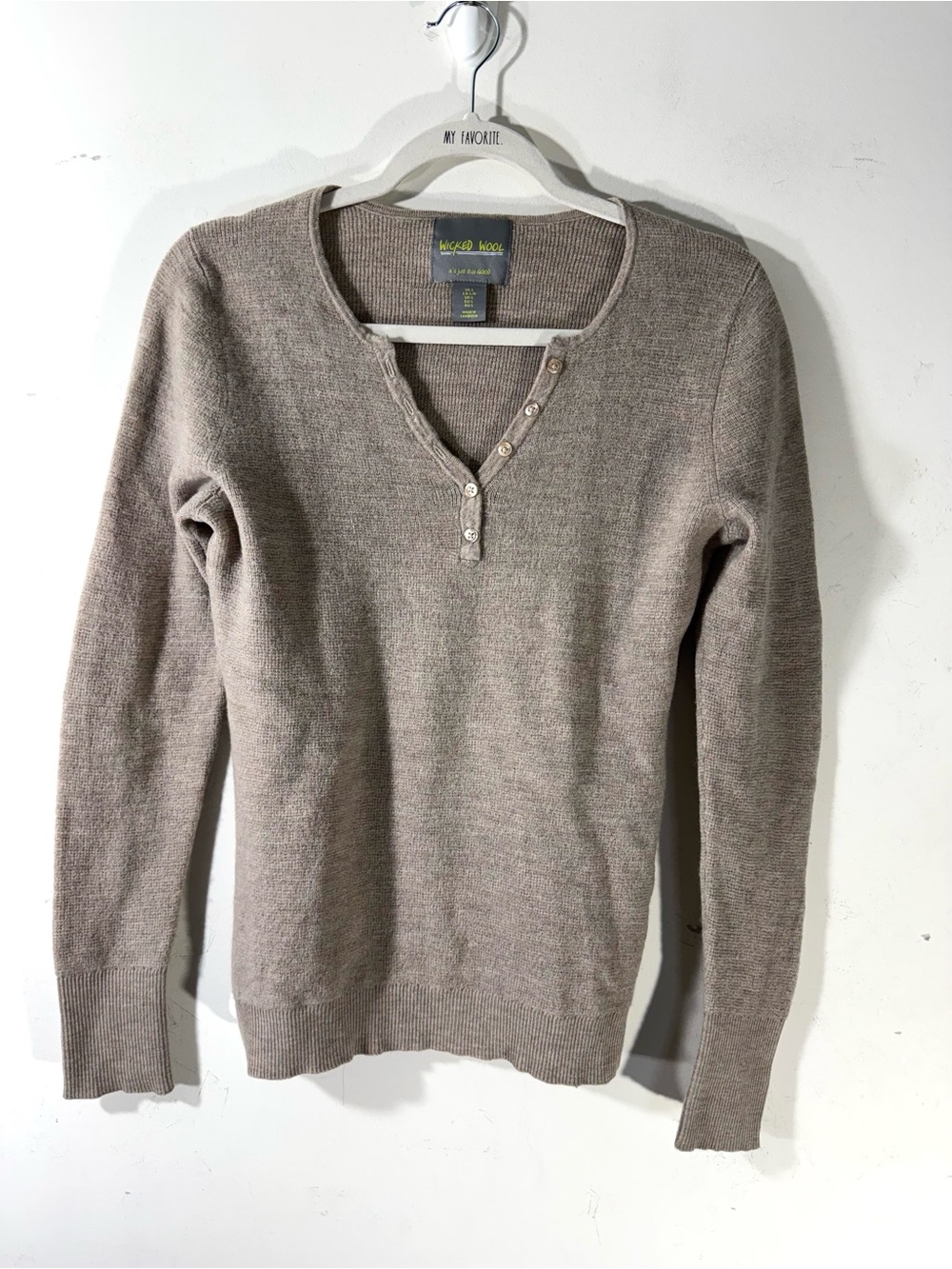 Wicked Wool Womens Large 100% Extrafine Merino Wool Henley Sweater Tan